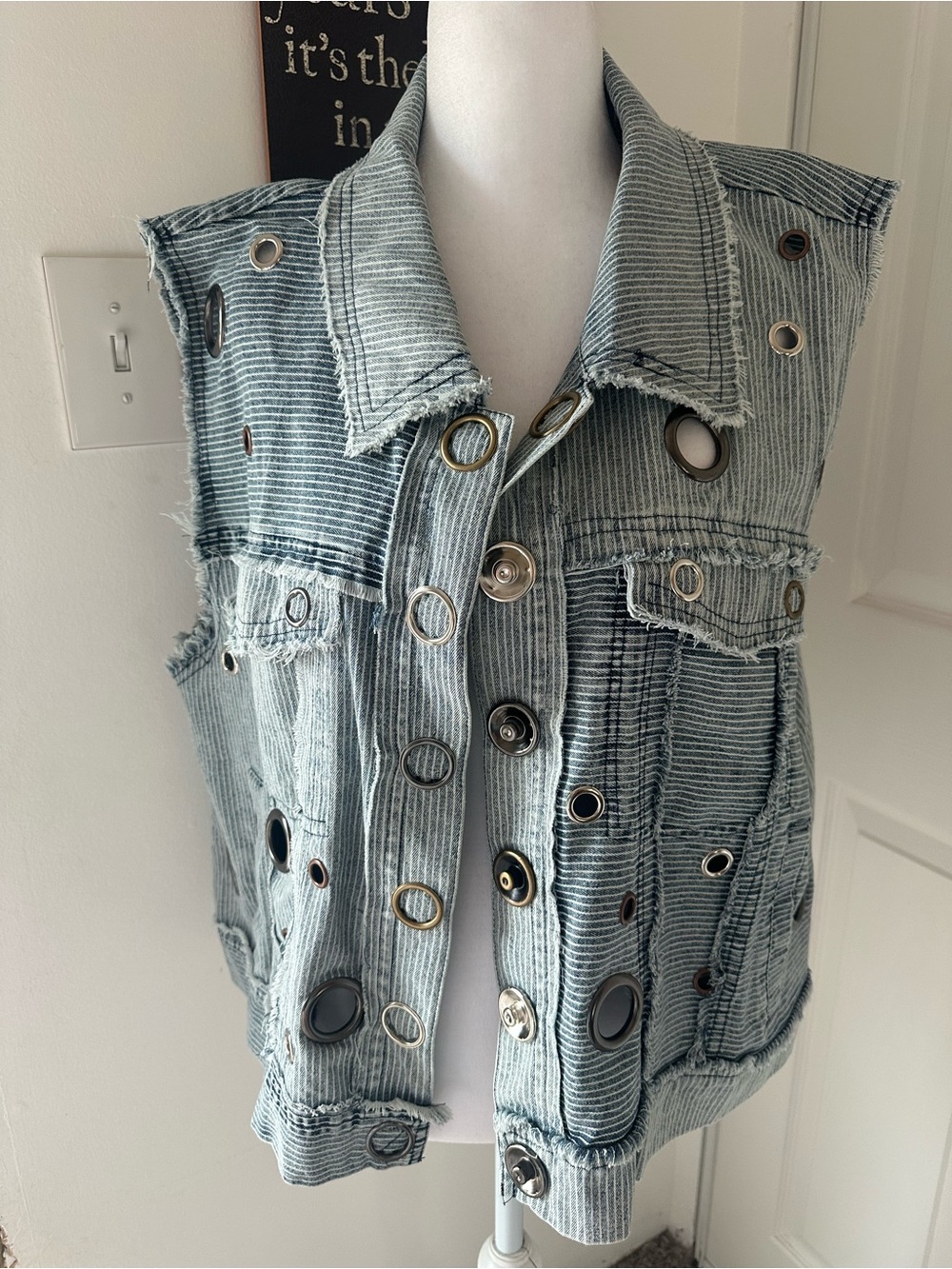 Oli & Hali Sleeveless Striped Denim Vest with Mixed Grommets - Light Blue